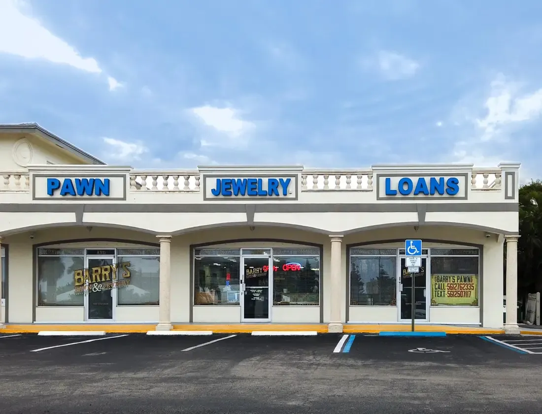 Barry's Pawn & Jewelry storefront at 6485 N Federal Hwy in Boca Raton, with Pawn, Jewelry and Loans signs above the windows