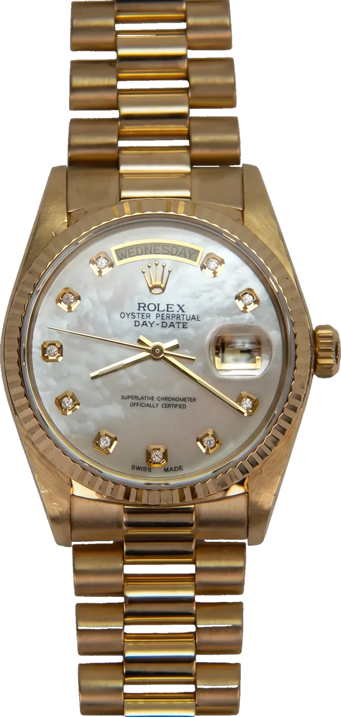A gold Rolex Day-Date with an aftermarket mother-of-pearl diamond dial