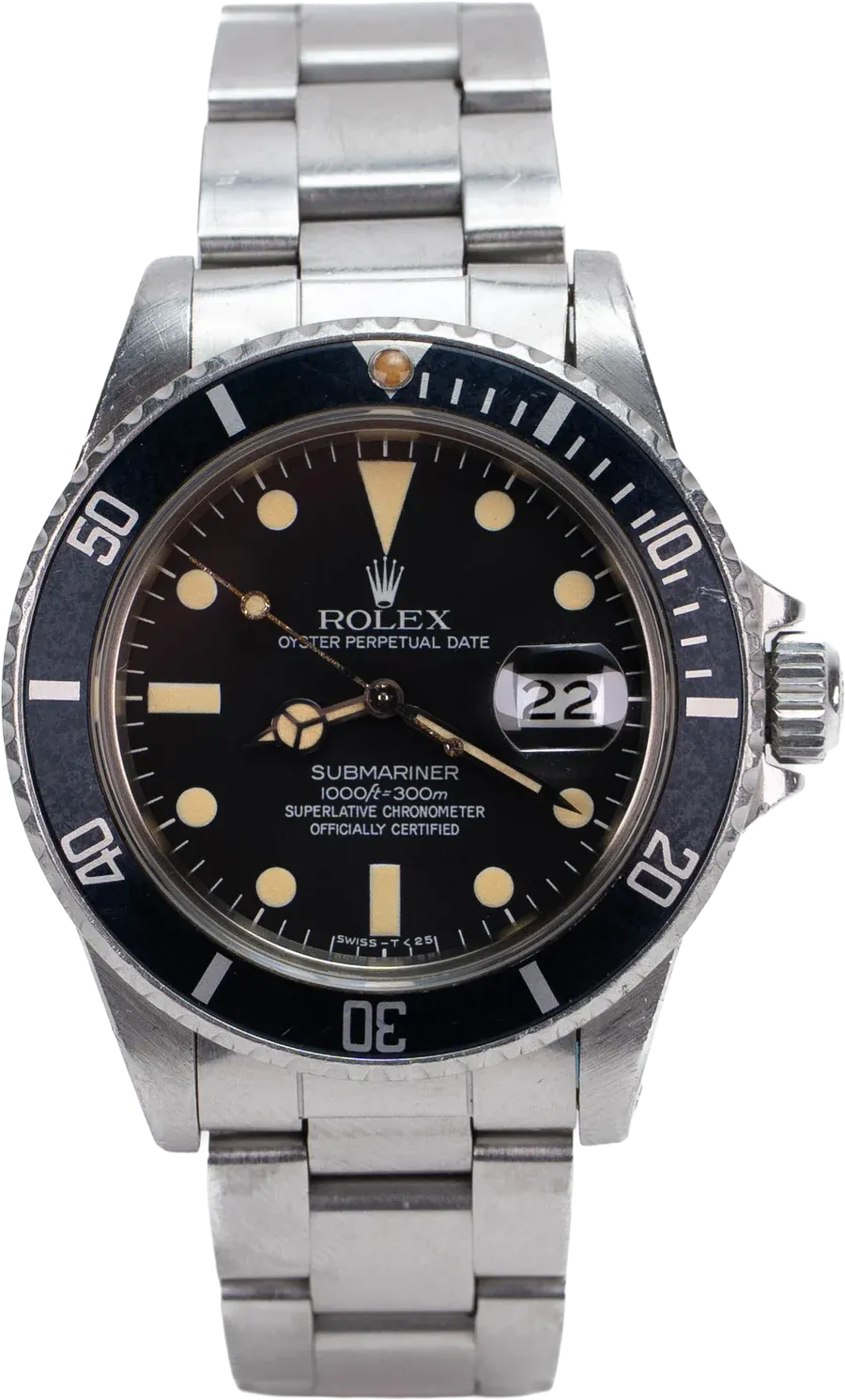 A vintage stainless steel Rolex Submariner Date with a black dial and cream-colored hour markers and hands