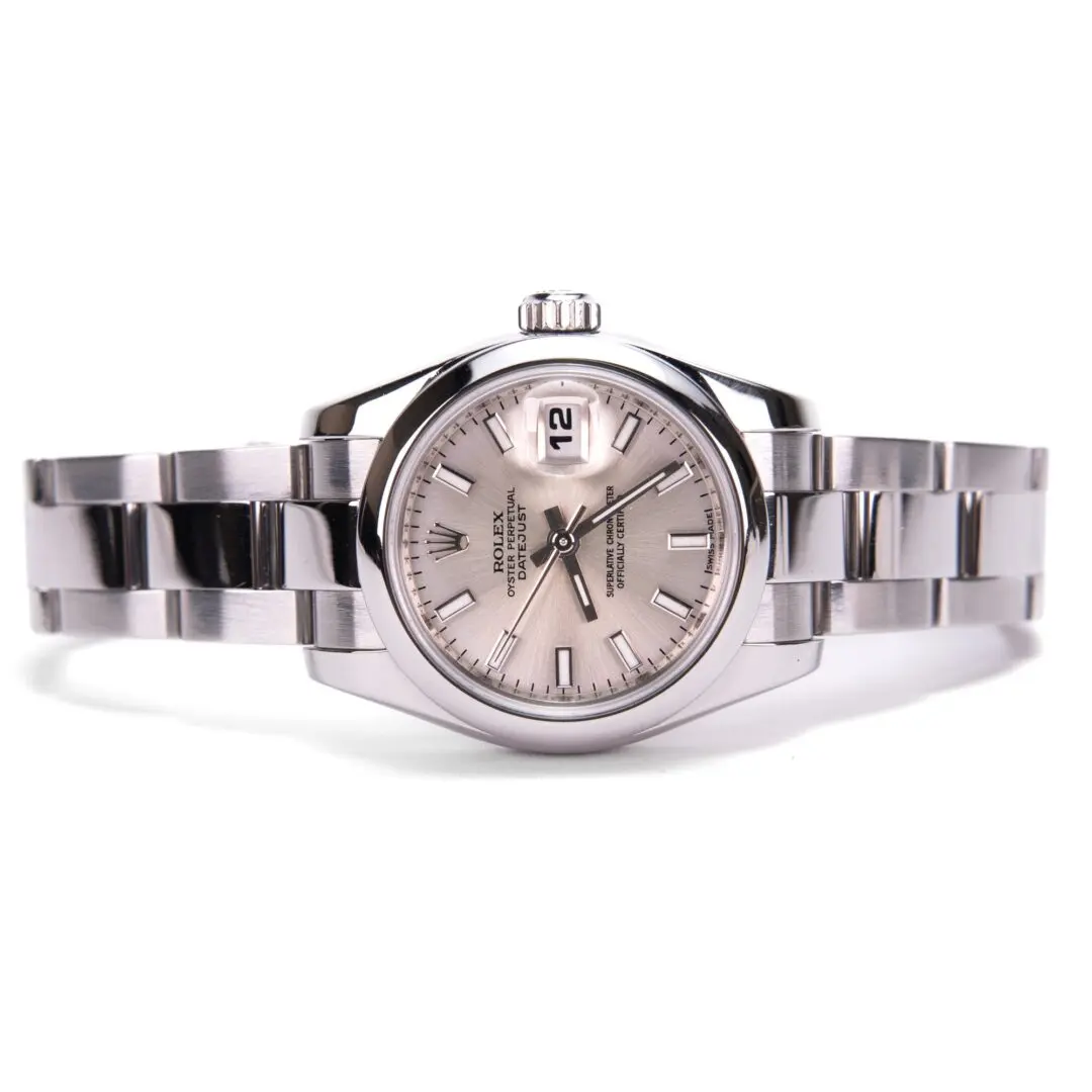 Silver wristwatch with date display.