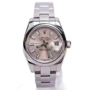 Silver luxury wristwatch with date display.