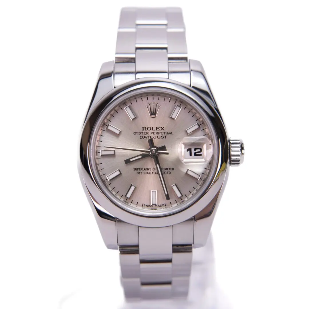Silver luxury wristwatch with date display.
