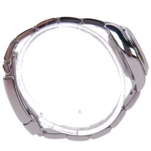 Silver watch with metal bracelet band.