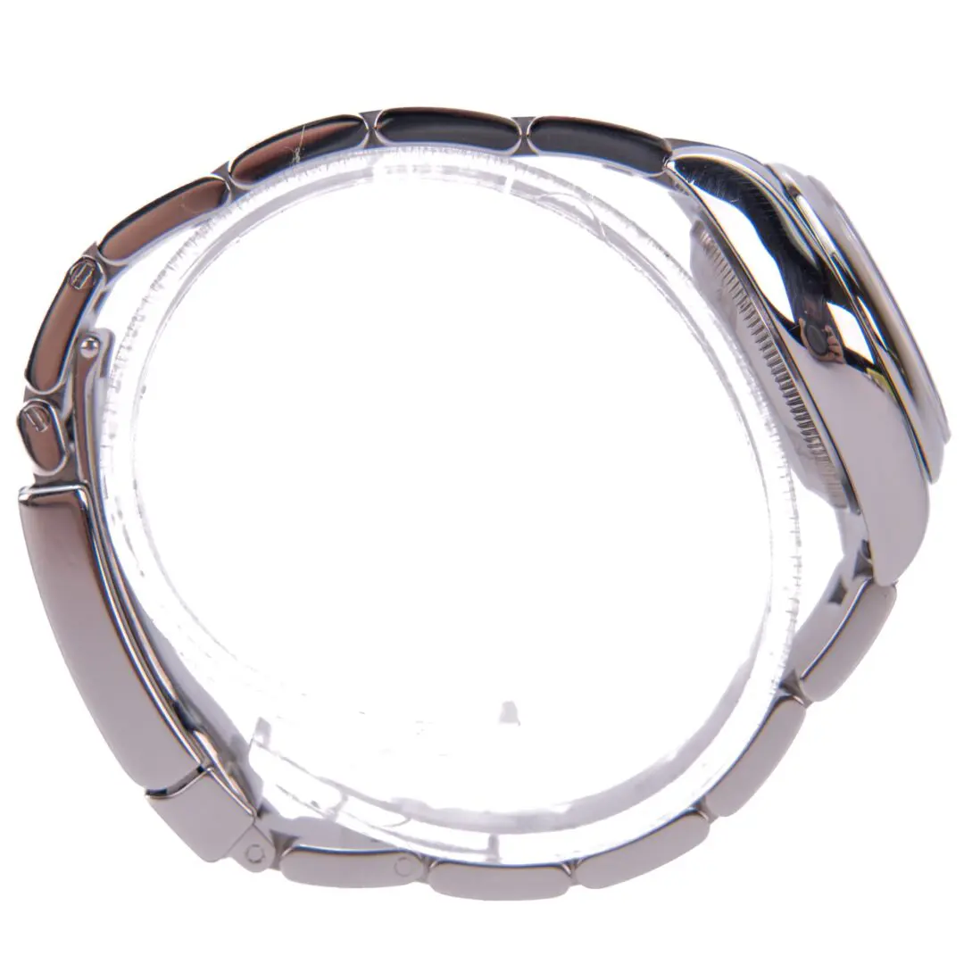 Silver watch with metal bracelet band.