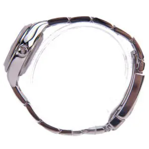 Side view of a silver wristwatch.