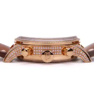 Luxurious diamond-encrusted gold watch with leather strap.