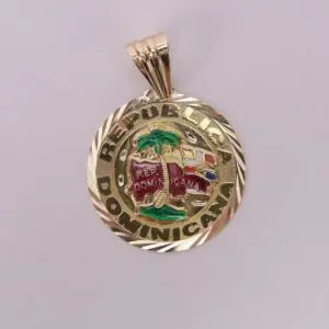 Gold pendant with Dominican Republic emblem.