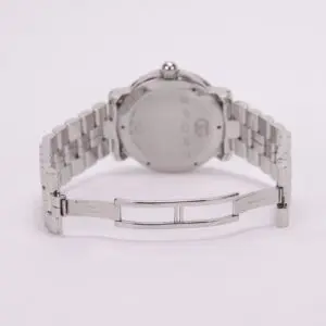 Silver watch with metal bracelet, rear view.