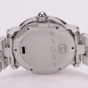 Back of silver sport wristwatch with bracelet.
