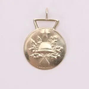 Gold military-themed medal with helmet design.