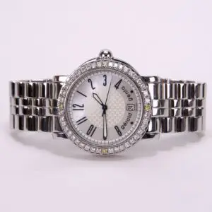 Silver watch with diamond accents and bracelet.