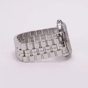Silver watch with metal link band.