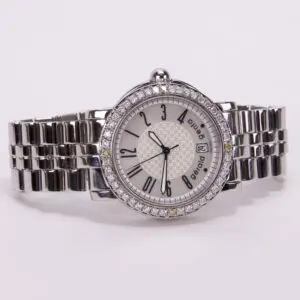 Silver wristwatch with diamond-studded bezel.