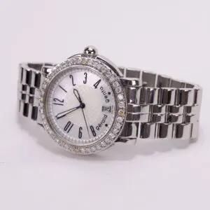 Silver wristwatch with diamond-encrusted bezel.