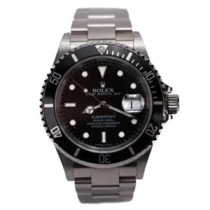 Black dial stainless steel luxury watch.