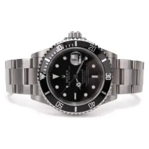 Luxury silver and black wristwatch display.