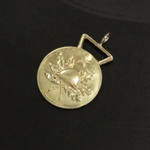 Gold medal with engraved leaves and star.
