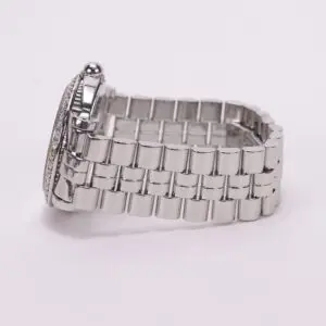 Silver watch with metal bracelet strap.