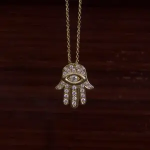 Hamsa hand necklace with eye design.