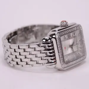 Silver luxury wristwatch with diamond accents.