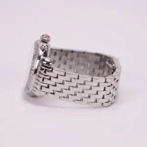 Silver wristwatch with metal bracelet side view.