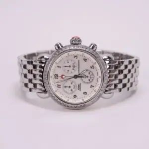Silver chronograph watch with metal bracelet.