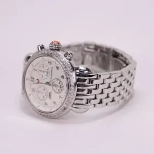 Silver chronograph watch with metal bracelet.