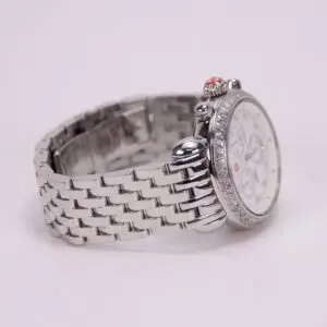 Silver chronograph watch with metal bracelet.