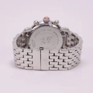 Silver watch with metal bracelet strap.