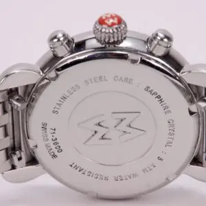Stainless steel watch case with logo engraving.