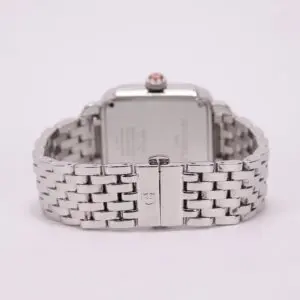 Back view of silver wristwatch with bracelet.