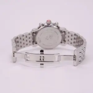 Silver watch with open clasp, back view.