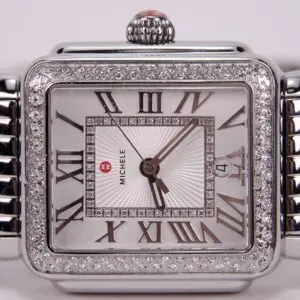 Square silver watch with diamond accents.