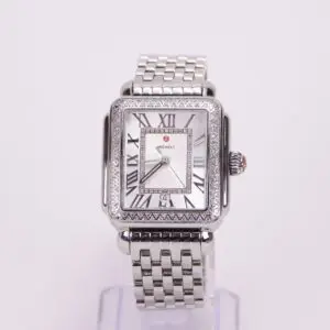 Silver square watch with Roman numerals.