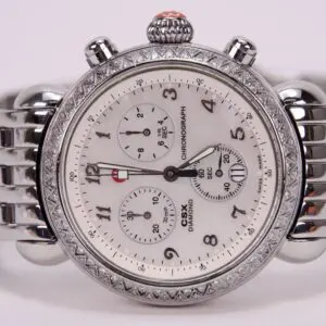 Silver chronograph watch with diamond accents.