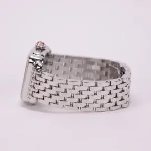 Silver watch with metal link bracelet.