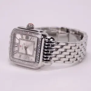 Silver luxury watch with metal bracelet.