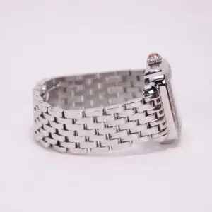 Silver watch with metal link bracelet.