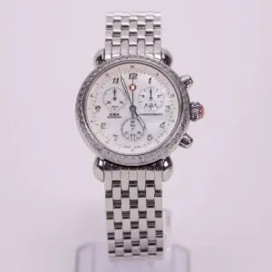 Silver chronograph watch with metal bracelet.