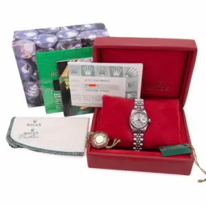 Rolex watch in a red display box.