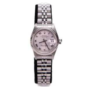 Silver luxury wristwatch with date display.