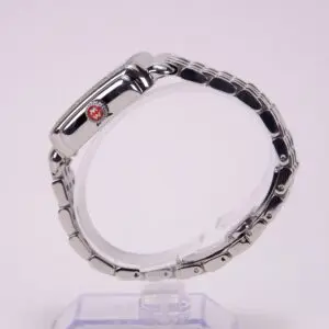 Silver wristwatch with a metal band.