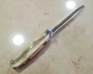 Bone-handled knife on a light surface.