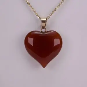Red heart-shaped pendant on gold chain.