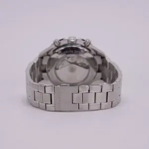 Silver watch with metal link bracelet.