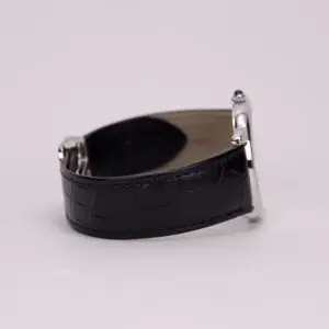 Black leather watch strap, side view.