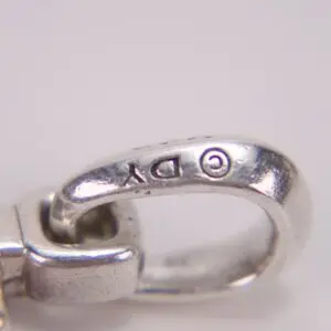Close-up of silver clasp with engraving.