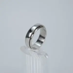 Silver ring on clear display stand.