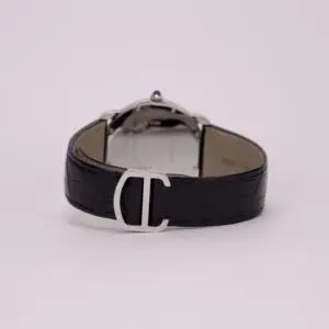Black leather watch strap with silver buckle.