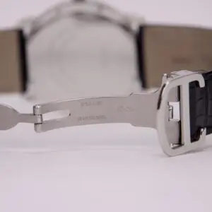 Watch clasp with engraved text, black strap.